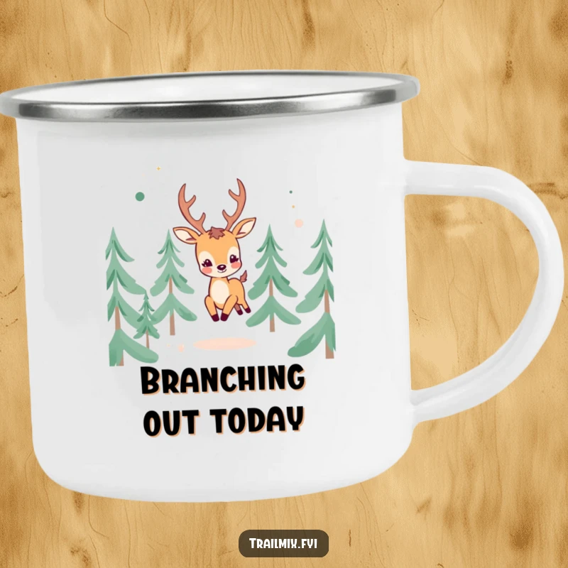 Funny Cheerful Deer Camping Mug: A durable mug showing a cheerful deer frolicking amongst abstract pine trees.