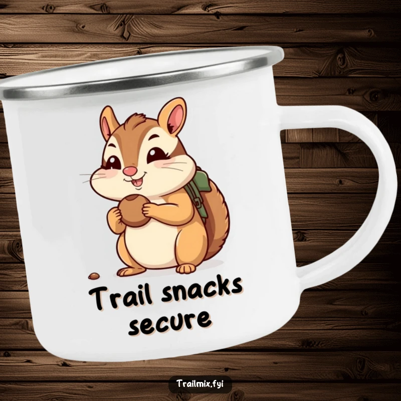 Funny enamel camping mug of a cheerful chipmunk stuffing its cheeks with nuts, ready for a hike, perfect for outdoor enjoyment.