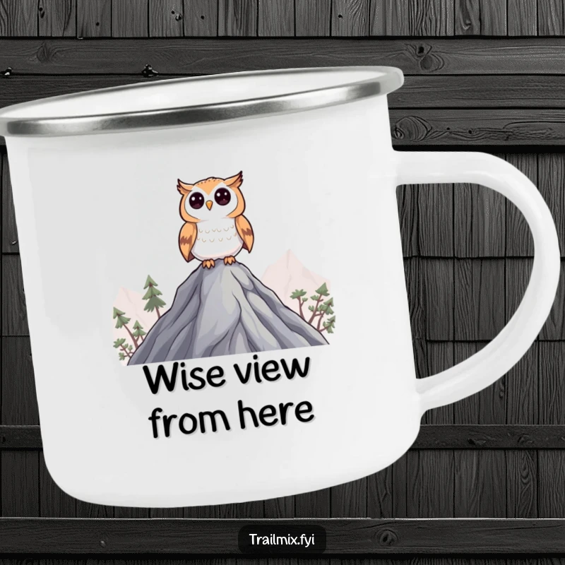 Funny Curious Owl Camping Mug: A durable mug showing a curious owl perched on a peak, surveying.