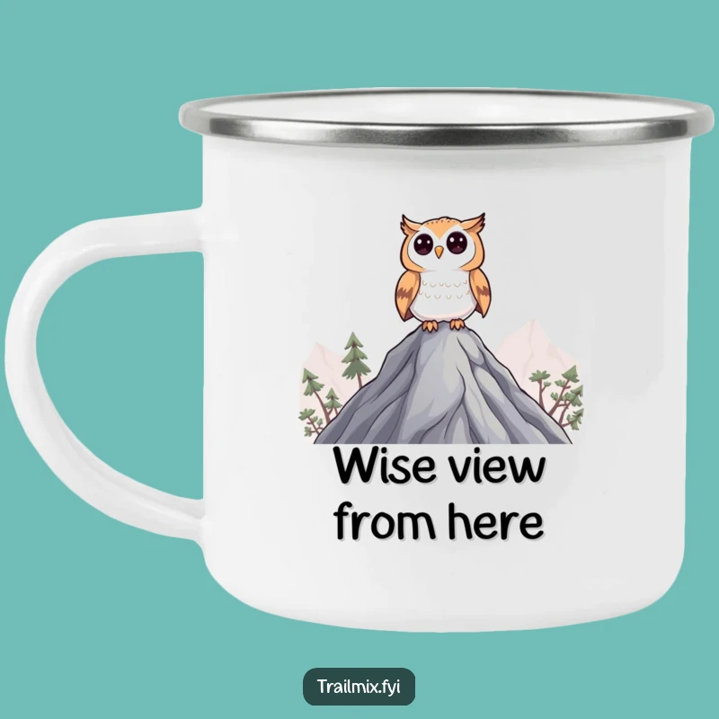Funny Curious Owl Camping Mug: Peak view, awesome funny gift for watchers.