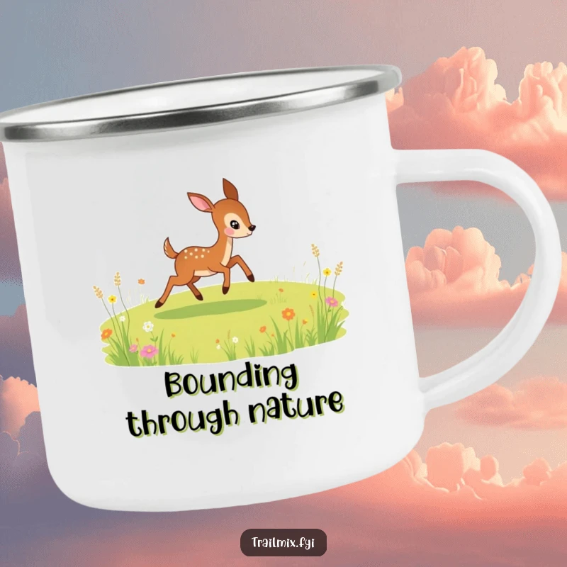 Funny camping mug depicting a playful deer bounding across a meadow, perfect for enjoying drinks outdoors.