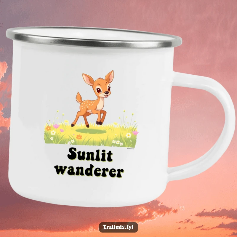Funny deer fawn camping mug showing a gleeful fawn bounding through a sunlit meadow, perfect for outdoor delight.