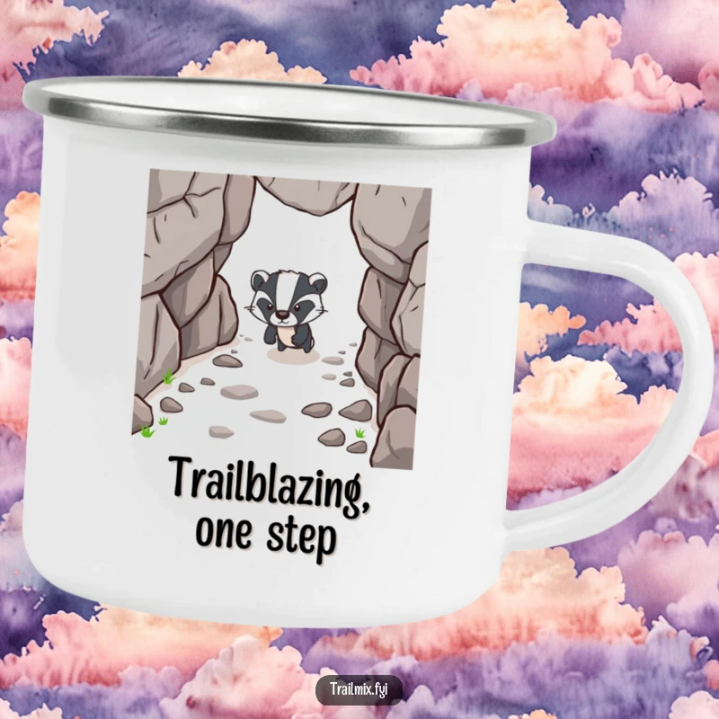 Funny camping mug featuring a determined badger character forging ahead on a rocky path, perfect for outdoor adventurers.