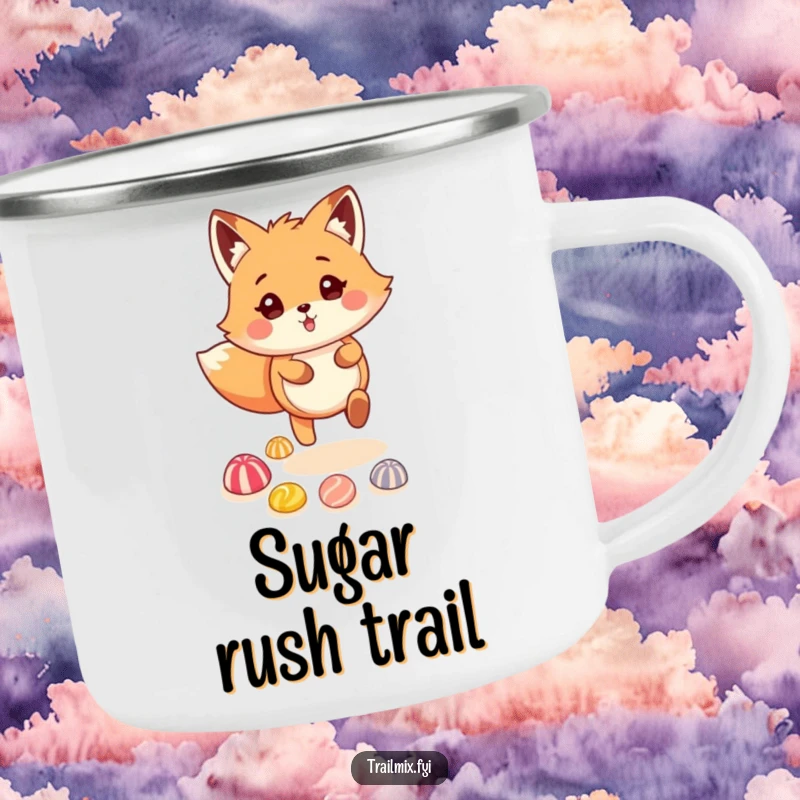 Funny fox character skipping on a candy trail on a durable camping mug, ideal for outdoor humor.