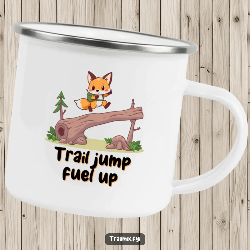 Funny fox hiker camping mug, leaping over a log, enamel finish, ideal for brave outdoor enthusiasts.