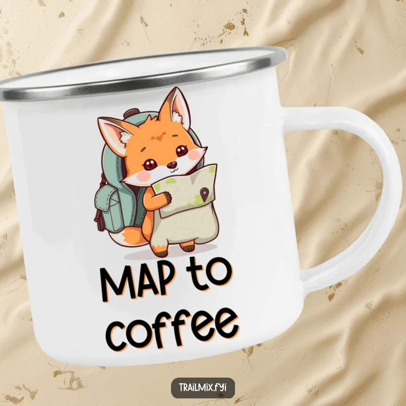 Funny curious fox character peeking out of a backpack with a map, printed on a rugged camping mug.
