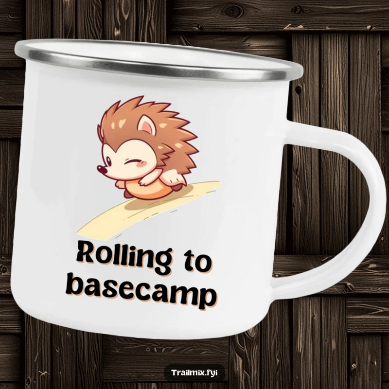 Funny hedgehog camping mug showing a determined character rolling like a ball, perfect for outdoor adventures with a humorous, spirited vibe.