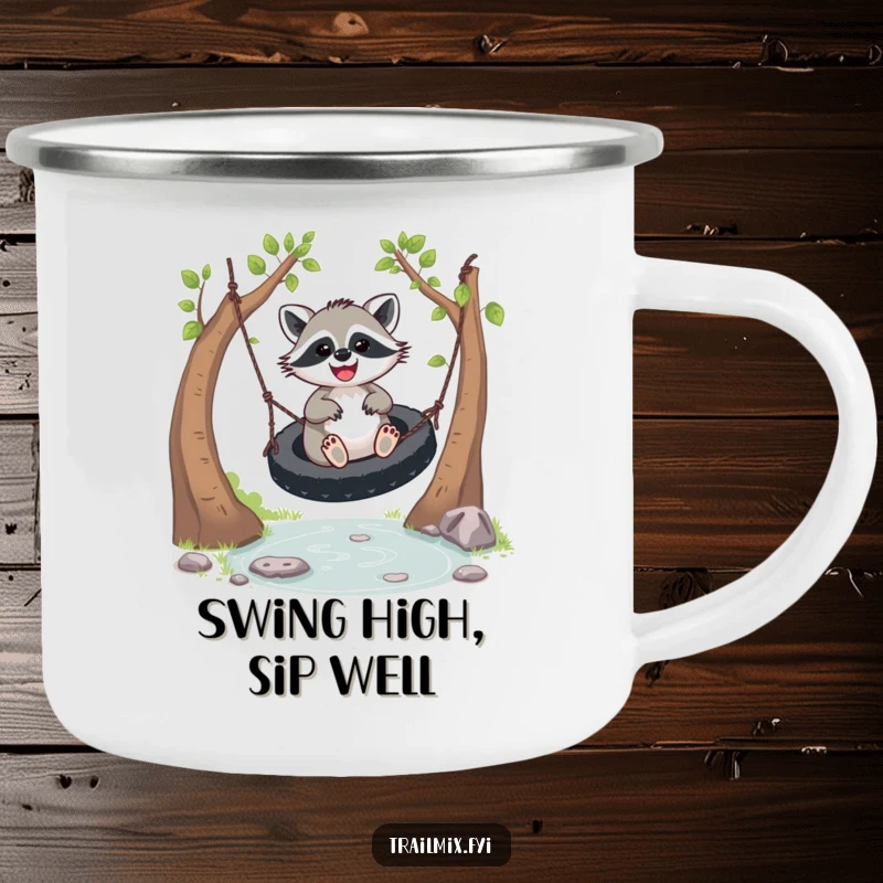 Funny joyful racoon camping mug, swinging over a stream with pure delight. Durable and whimsical outdoor mug.