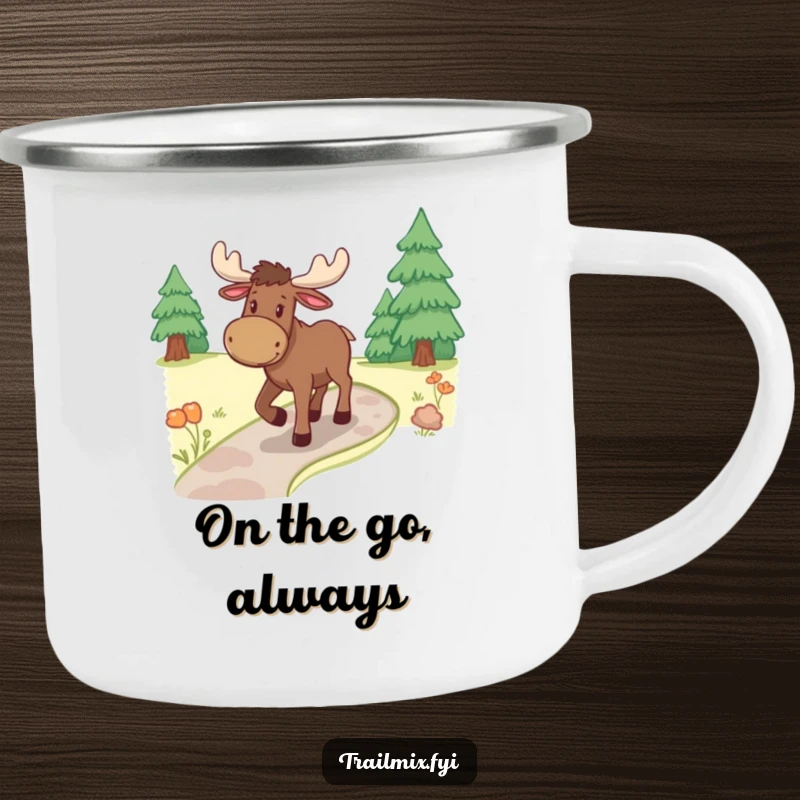 Funny moose camping mug, shown ambling on a winding path through nature, perfect for outdoor enjoyment and adventures.