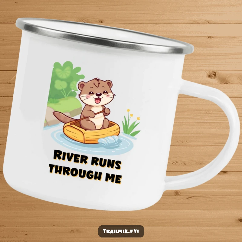 Funny camping mug depicting a happy otter navigating a tiny raft, designed for outdoor use with a humorous, adventurous flair.