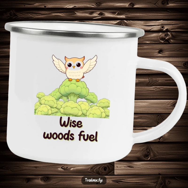 Funny owl character soaring over a broccoli forest on a durable camping mug, great for outdoor humor.