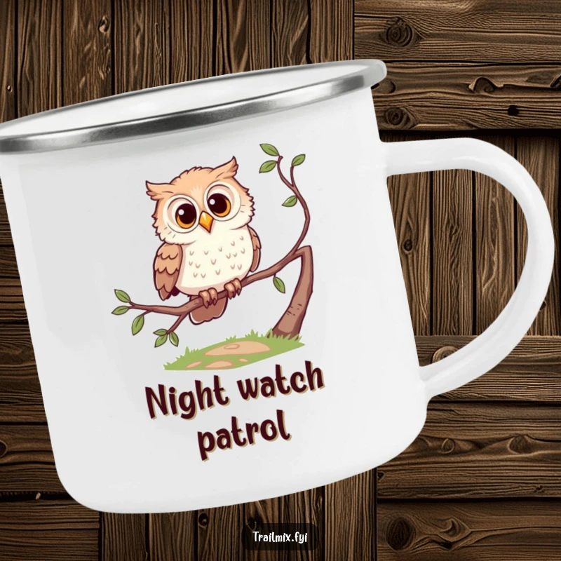 Funny camping mug with a curious owl character perched on a branch, ready for outdoor observation.
