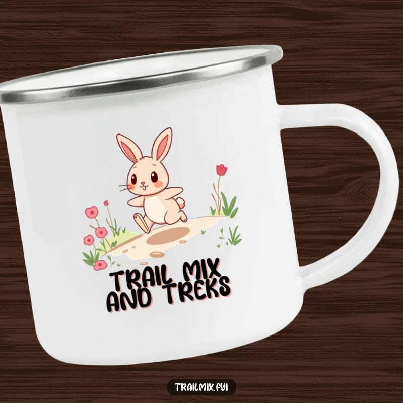 Funny camping mug with a playful rabbit hopping energetically on a trail, great for outdoor enthusiasts and morning brews.