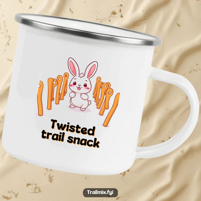 Funny smiling rabbit character happily navigating a maze of pretzel sticks on a durable camping mug.