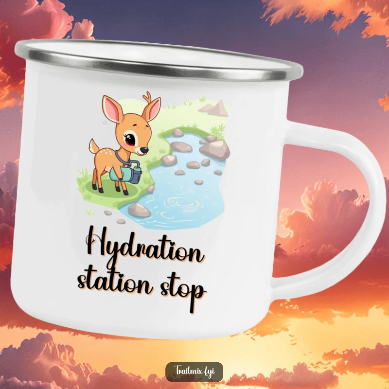 Funny enamel camping mug of a shy deer with a canteen curiously observing a bubbling stream, perfect for outdoor serenity.
