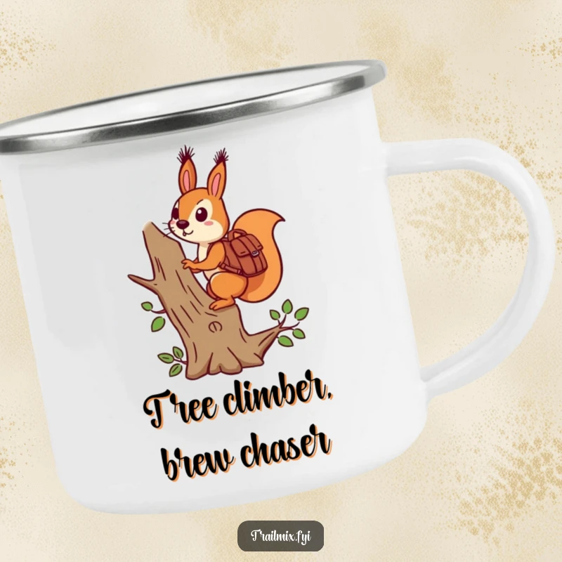 Funny determined squirrel with backpack climbing a tree on a camping mug, for adventurous outdoor enthusiasts.