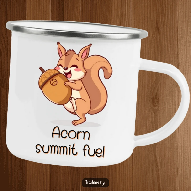 Funny happy squirrel character gleefully hiking up a giant acorn, printed on a rugged camping mug.