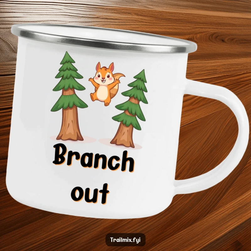 Funny squirrel camping mug showing a happy squirrel dramatically leaping between two tall pine trees, perfect for outdoor fun.