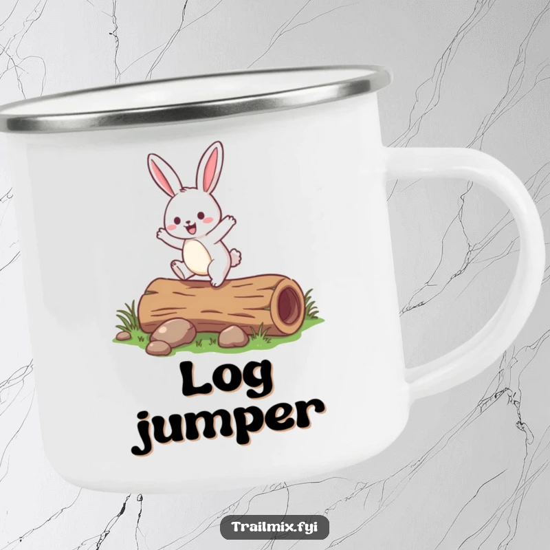 Funny rabbit camping mug showing a jovial rabbit hopping over a small fallen log, perfect for outdoor enjoyment.