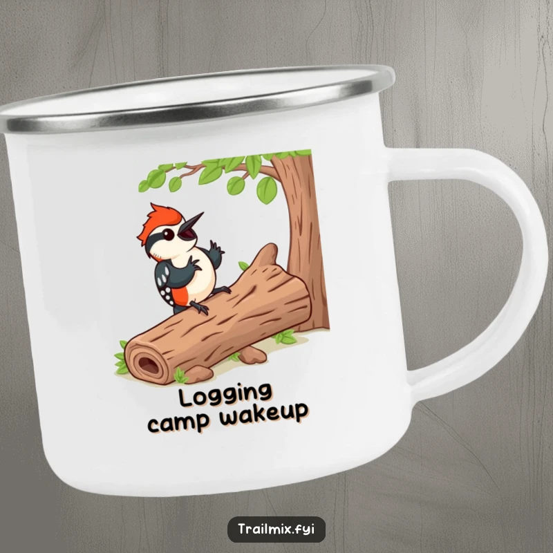 Funny camping mug featuring a happy woodpecker tapping a rhythm on a log, ideal for outdoor listening and a unique funny gift.