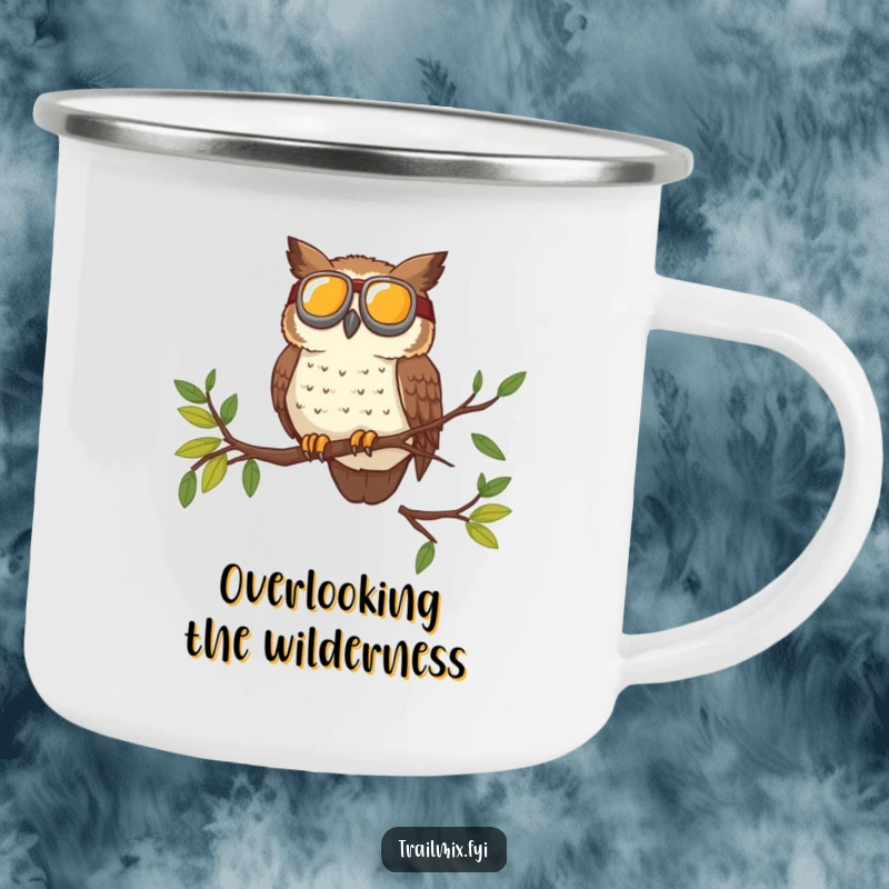 Funny enamel camping mug of a brave owl wearing goggles surveying the trail from a high branch, perfect for outdoor enjoyment.
