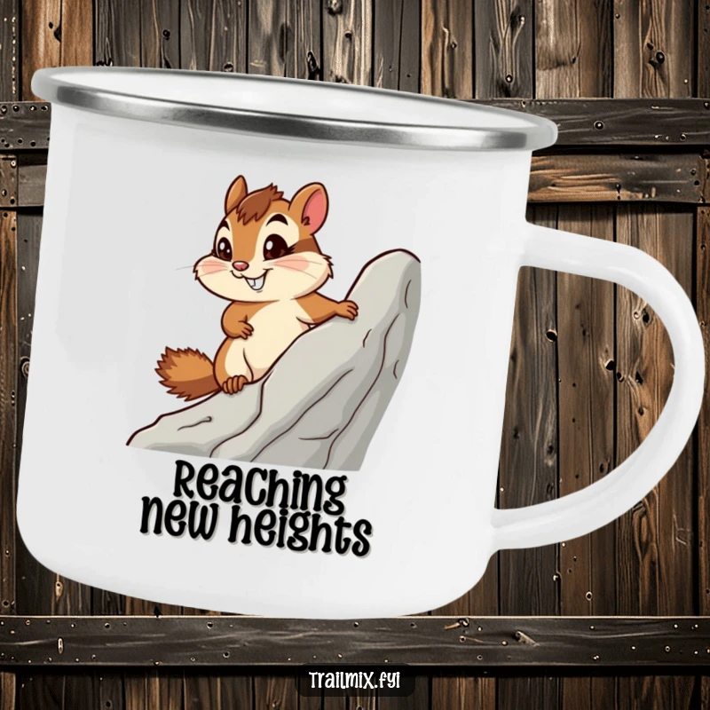 Funny camping mug featuring a determined chipmunk climbing a rock, perfect for adventurous outdoor moments.