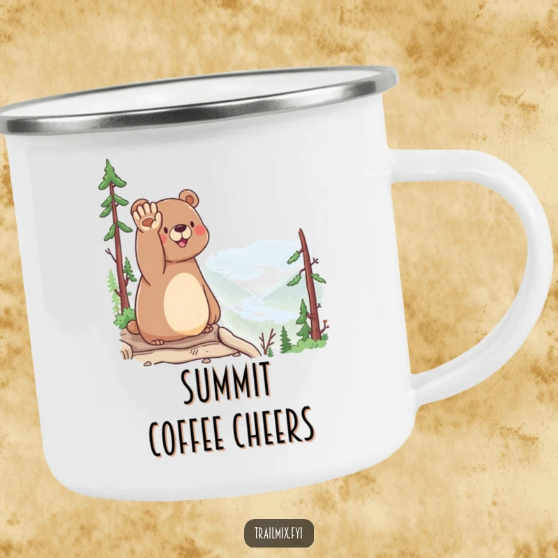 Funny Bear Camping Mug: A happy bear waves hello from a scenic overlook, perfect for enjoying drinks outdoors.