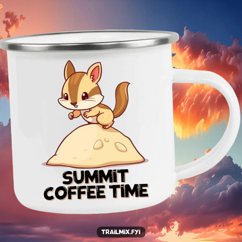 Funny chipmunk camping mug featuring a determined character climbing a small hill, designed for outdoor use with a humorous appeal.
