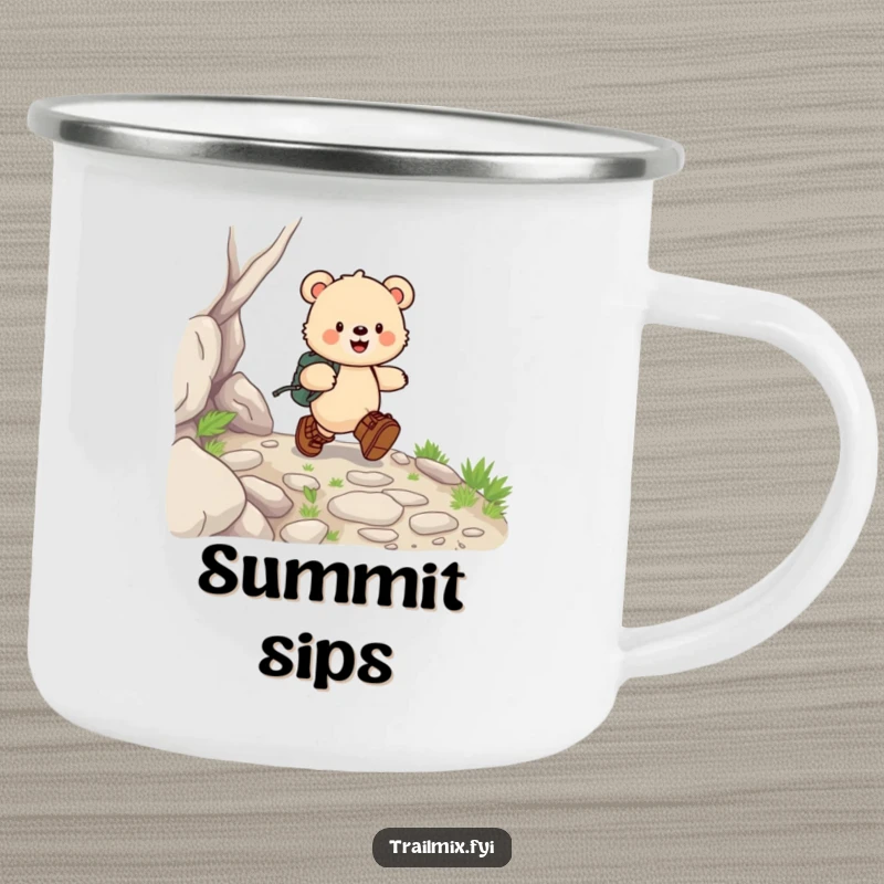 Funny bear cub character camping mug, joyfully skipping in hiking boots down a rocky path, designed for outdoor laughs.