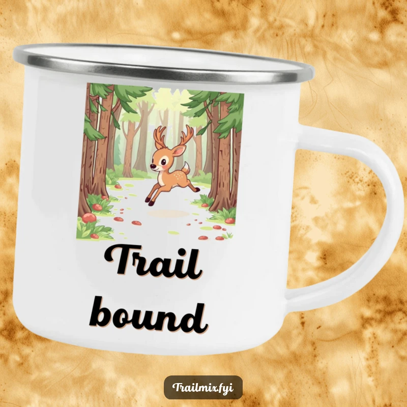 Funny deer character camping mug, energetically bounding through a forest clearing, designed for outdoor fun and warm drinks.