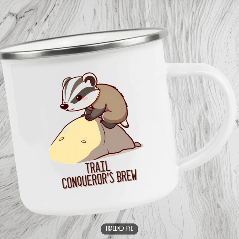 Funny determined badger camping mug, focused on climbing a slope. Durable and humorous mug for outdoor enthusiasts.