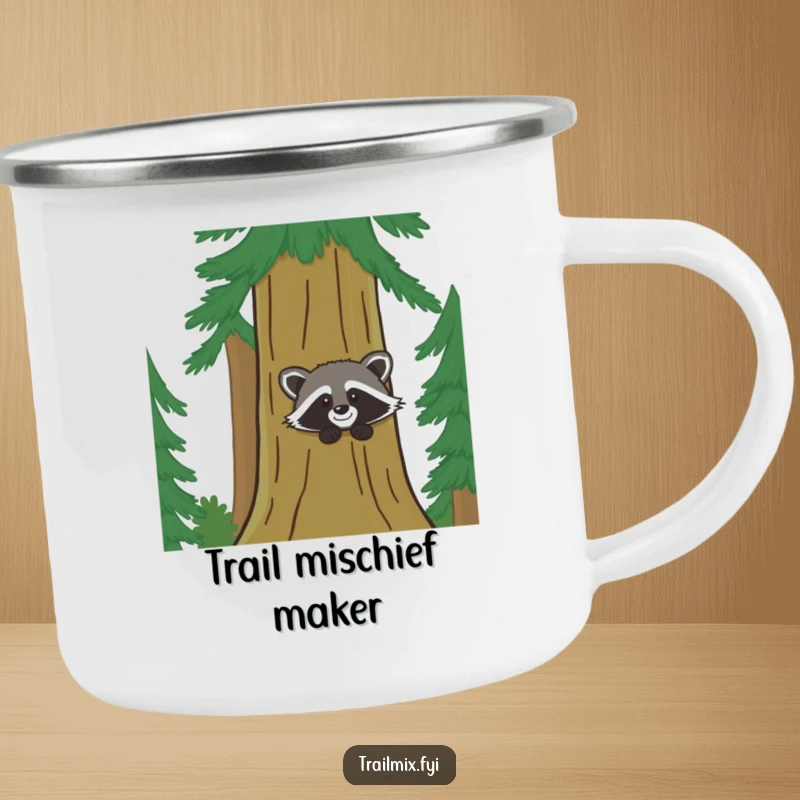 Funny camping mug displays a happy raccoon behind a pine tree, perfect for outdoor adventures and humorous drinks.