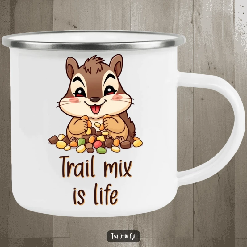 Funny chipmunk camping mug, holding trail mix with a happy grin, ready for any outdoor adventure. Durable and humorous.