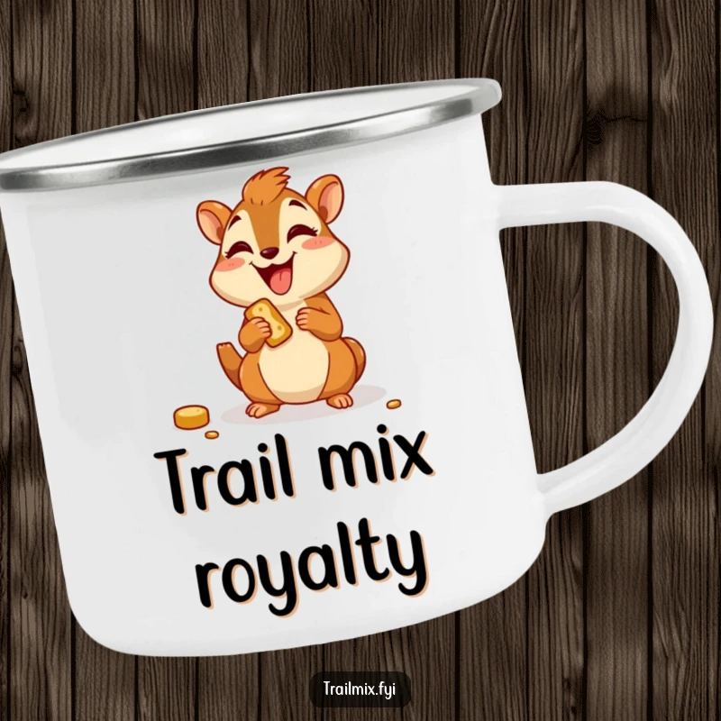 Funny camping mug with a joyful chipmunk character happily munching on a trail snack, ready for outdoors.