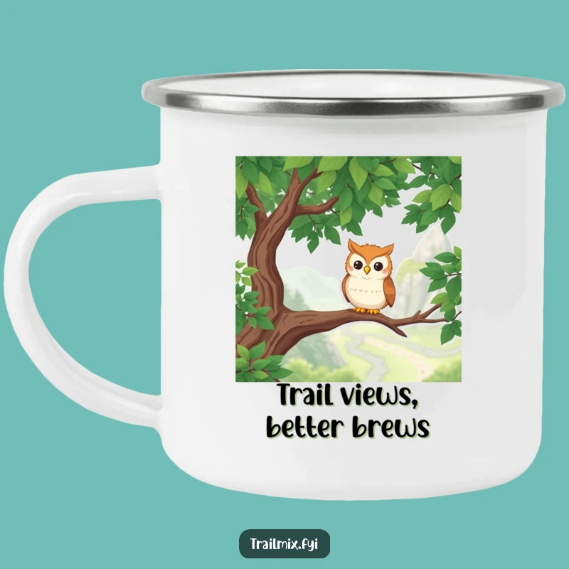 Funny Owl Hiker Camping Mug: Enamel Cup for Trails, Whimsical Bird Views, Perfect Outdoor Gift