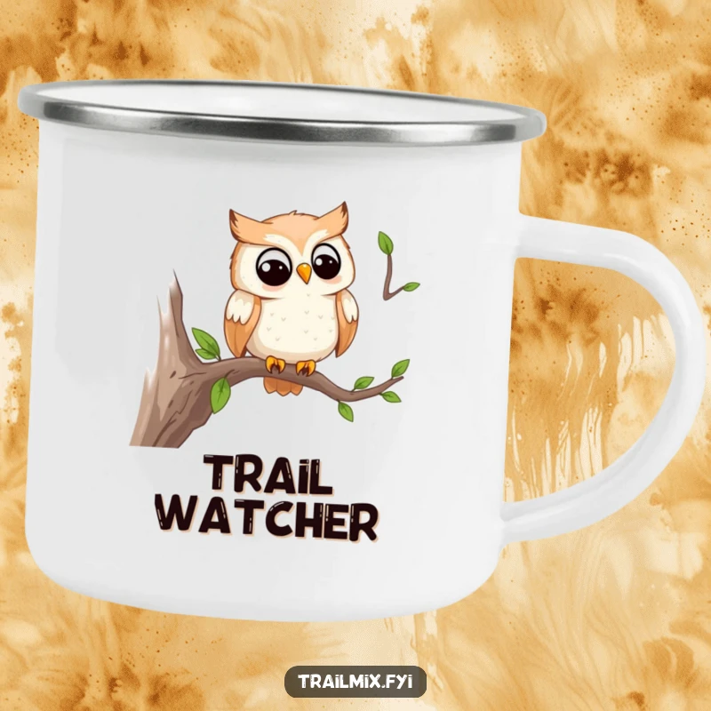 Funny camping mug showcasing a smiling owl watching the trail from a branch, perfect for outdoor observation.