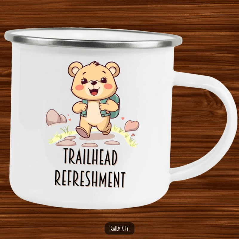 Funny happy bear character wearing a backpack, joyfully striding up a path, on a durable and funny camping mug.
