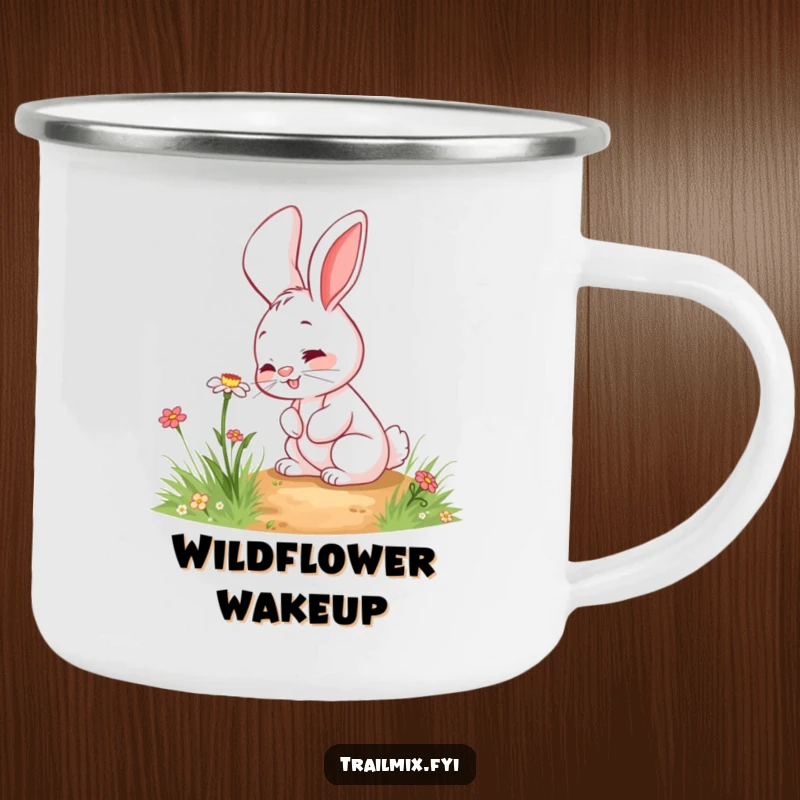 Funny rabbit camping mug featuring a giggling character curiously sniffing a wildflower on a path, perfect for nature lovers.