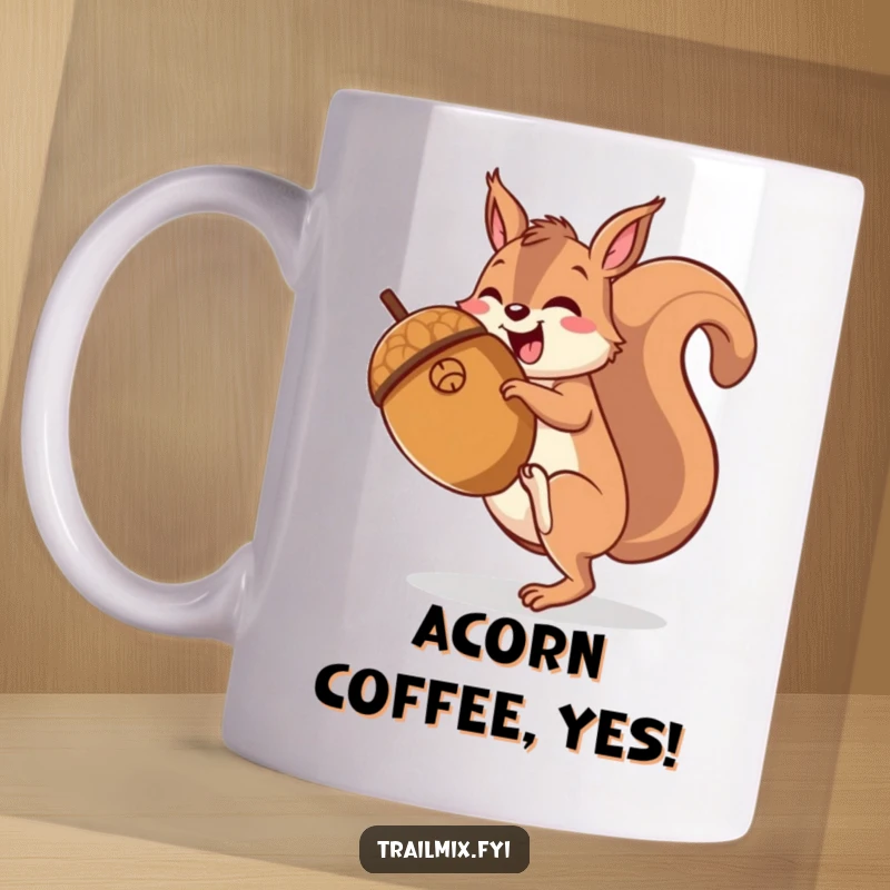 Funny happy squirrel character gleefully hiking up the side of a giant acorn, pictured on a mug.