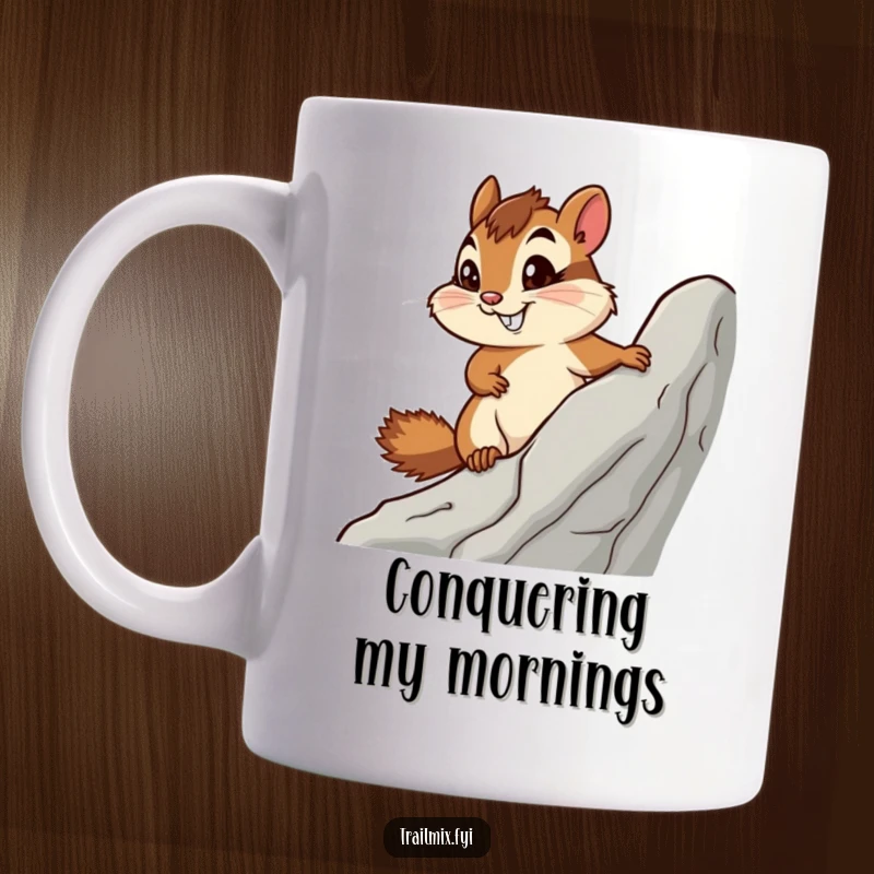 Funny mug featuring a smiling chipmunk with a determined look, actively climbing a rock, embodying perseverance.