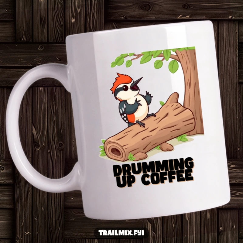 Funny mug depicting a happy woodpecker rhythmically tapping on a fallen log, embodying nature's music and joy for a great gift.