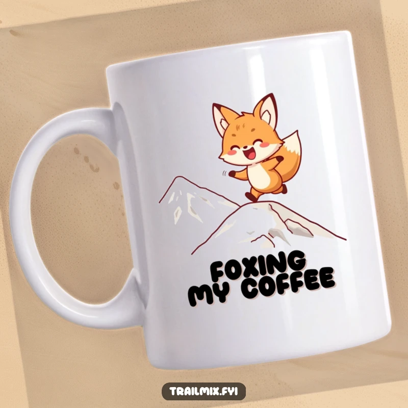 Funny fox mug showing a delighted character playfully bounding up a steep mountain slope, symbolizing joy and adventure.