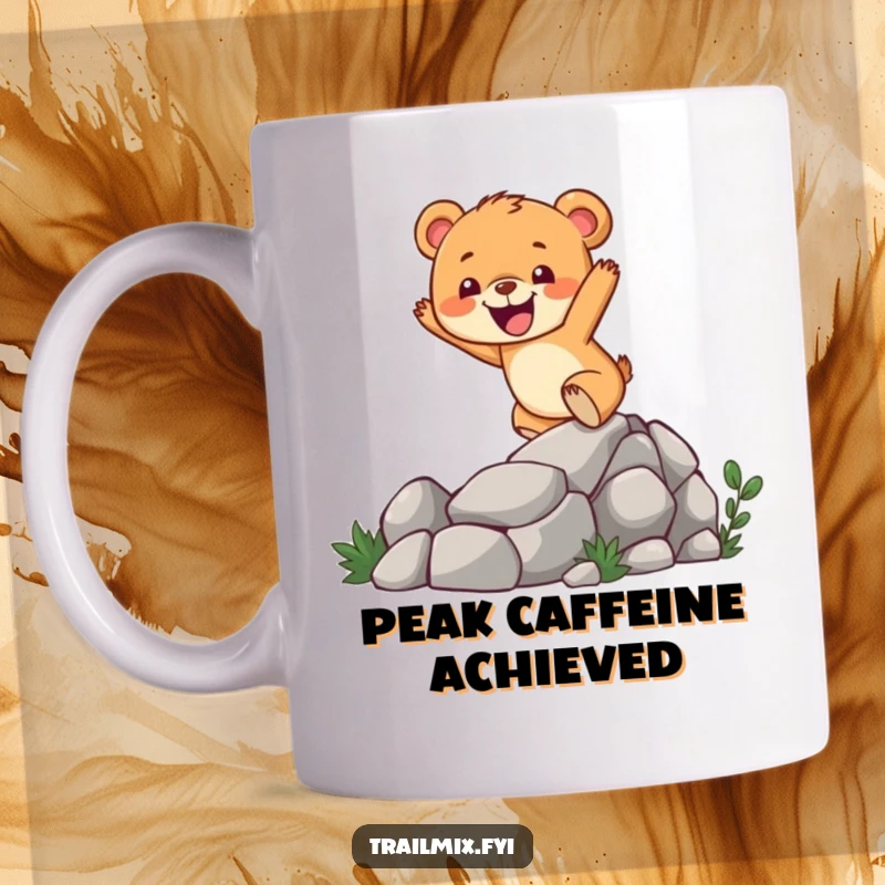 Funny bear cub mug showing a cheerful character enthusiastically climbing a steep, rocky trail, capturing the joy of outdoor adventure.