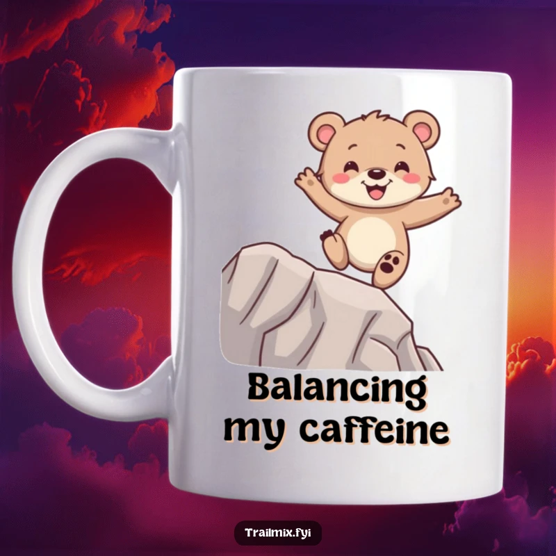 Funny bear cub mug, happily balancing on a narrow ridge with glee, adorable and humorous animal design.