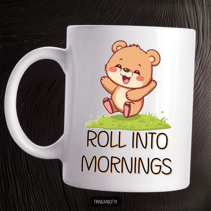 Funny Bear Cub Mug depicting a playful cub rolling down a grassy hill with an expression of pure delight and carefree joy.