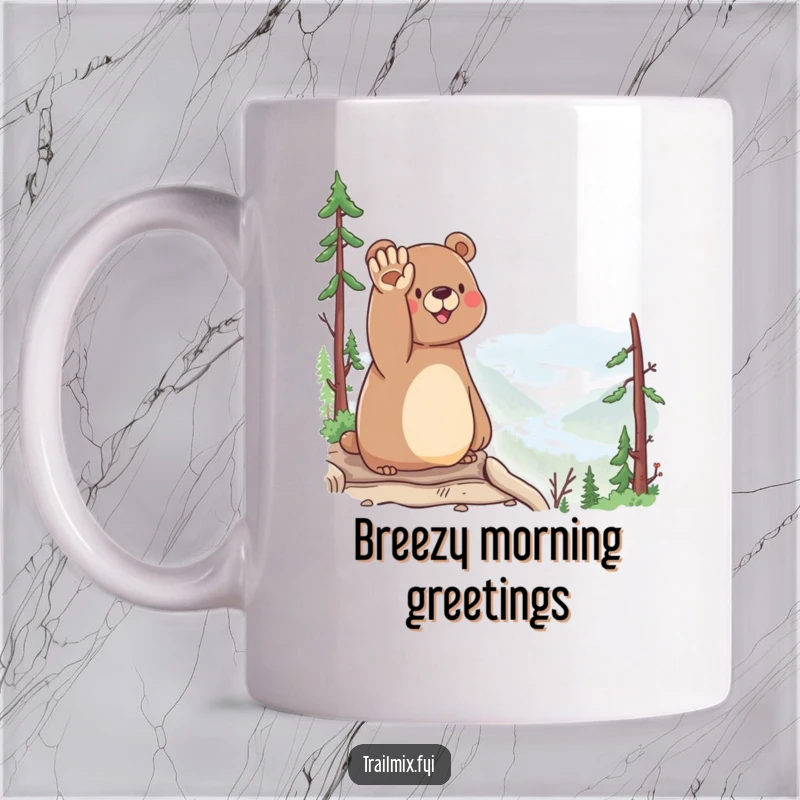 Funny Bear Mug: A happy bear stands on a scenic overlook, waving hello with a cheerful expression.