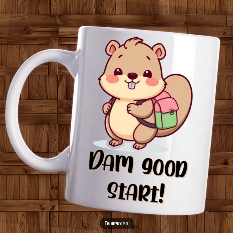 Funny mug featuring a happy beaver with a tiny backpack, ready for adventure, a humorous gift for outdoor lovers.