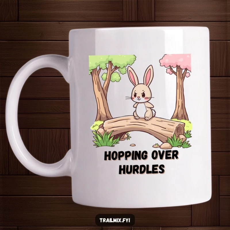 Funny mug showing a brave little rabbit with a determined expression confidently crossing a narrow log bridge over a stream.