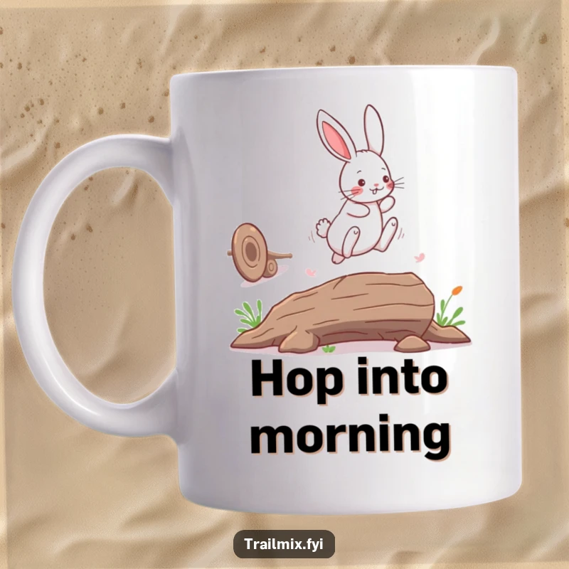 Funny bunny rabbit mug, playfully leaping over a fallen log with joy and agility, symbolizing freedom and fun.