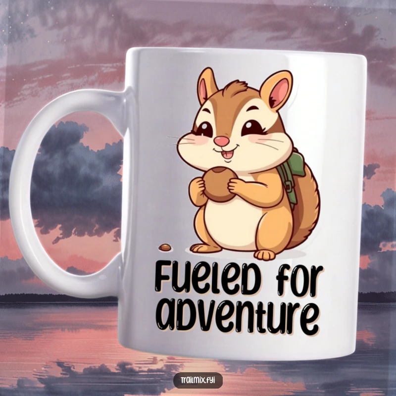 Funny mug of a cheerful chipmunk stuffing its cheeks with nuts, ready for a hike, evoking preparedness and cuteness.